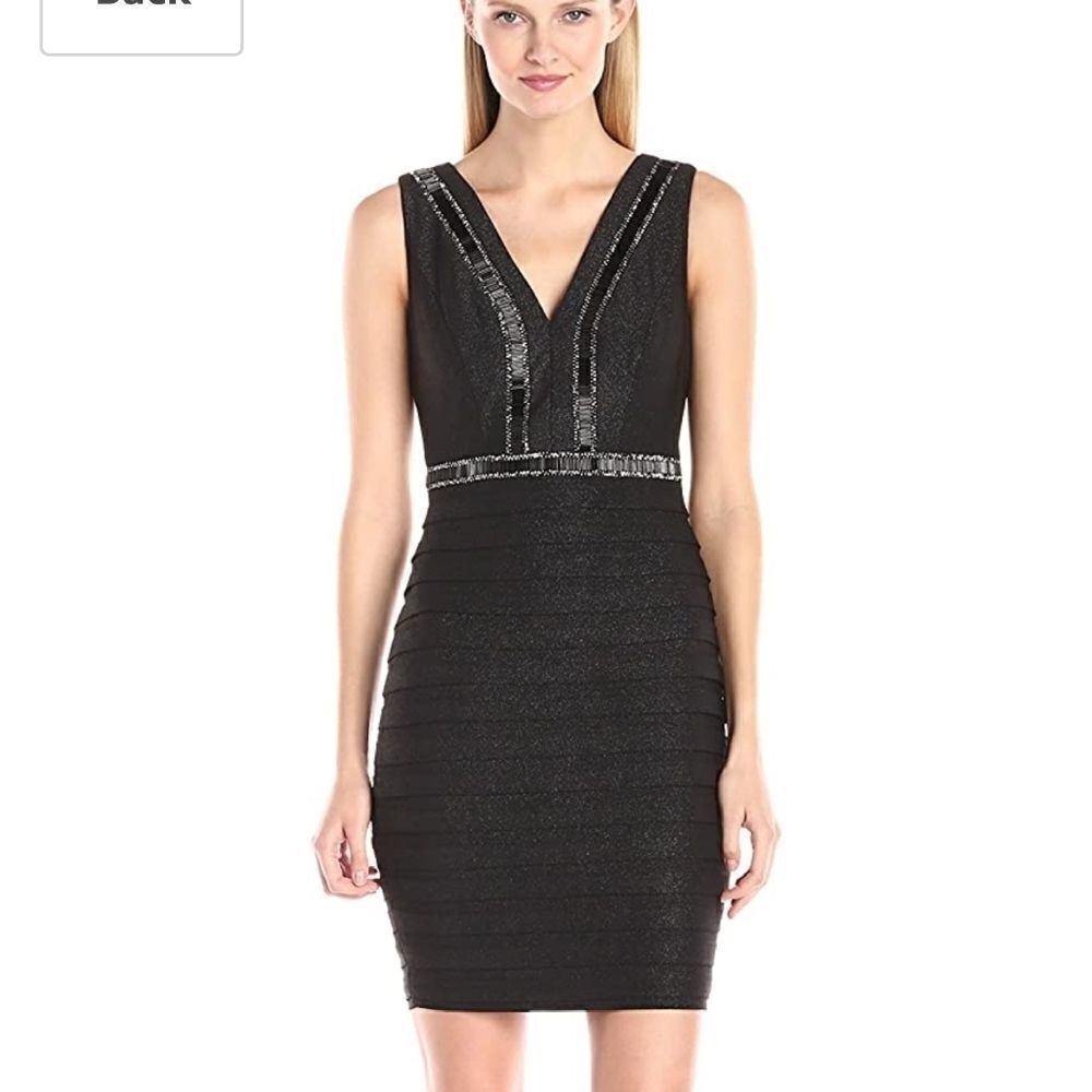 JAX Black Beaded Bodice Shutter Pleat Sheath Dress